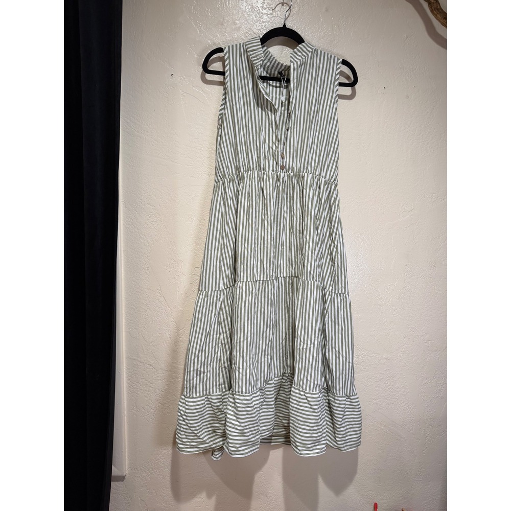 Brovave  Womens XL Olive‎ Green White Striped Sleeveless Tiered Mock Midi Dress